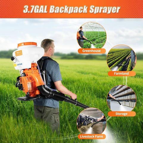 Man using Gas-Powered Backpack Sprayer With 41.5cc Engine And 39.4Ft Reach For Vegetable Greenhouses Orchards And Gardens