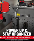 Rolling Tool Chest With Drawers And Locking Steel Cabinet Power Outlets And USB Port Four Swivel Casters Red Built Tough Utility Cart Holds Up To 700 Lbs Surface Liners Included shown with external pegboard and integrated power strip.