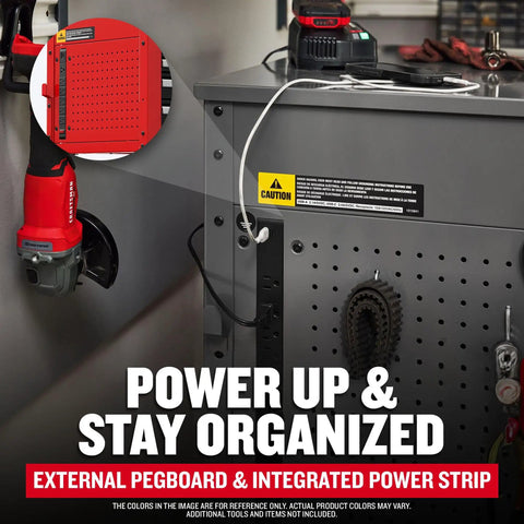 Rolling Tool Chest With Drawers And Locking Steel Cabinet Power Outlets And USB Port Four Swivel Casters Red Built Tough Utility Cart Holds Up To 700 Lbs Surface Liners Included shown with external pegboard and integrated power strip.