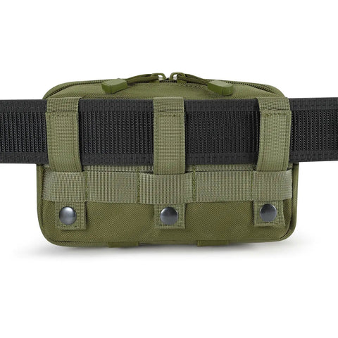 Back view of Laser Cut Molle Admin Pouch For EDC Gear in army green attached to belt with PALS panels.