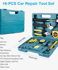 16-piece blue plastic car repair tool set with hammer, pliers, hex keys, and measuring tape; includes Car Repair Tool Set case.