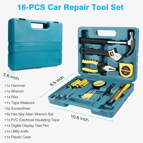 16-piece blue plastic car repair tool set with hammer, pliers, hex keys, and measuring tape; includes Car Repair Tool Set case.