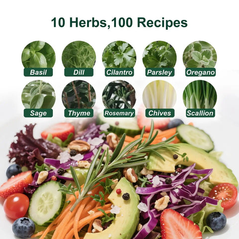 Indoor Herb Garden Starter Kit With 33 Pieces Four Color Pots Soil And Tools Complete Kitchen Herb Garden For Fresh Herbs All Year Round Perfect Gift For Plant Lovers And Home Cooks; salad with fresh herbs.