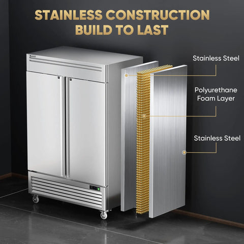 Tough As Nails 54 Inch Commercial Freezer 49 Cubic Feet Two Door Reach In Stainless Steel with foam insulation visible.
