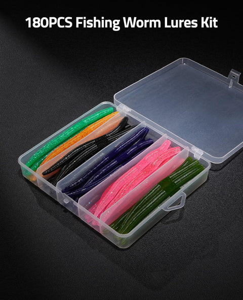 Ultimate Wacky Worm Kit For Bass Fishing With 180 Soft Plastic Lures in tackle box with 48 colorful 5.5 inch worms.