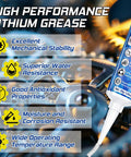 High performance features of White Lithium Grease Multi Purpose Lubricant With Brush for hinges, gears, and bearings.
