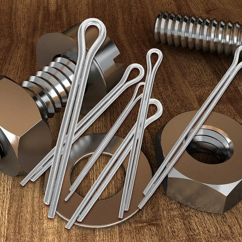 Must Have Cotter Pin Clip Kit Stainless Steel 160 Piece Set with sizes on wood table with bolts and nuts