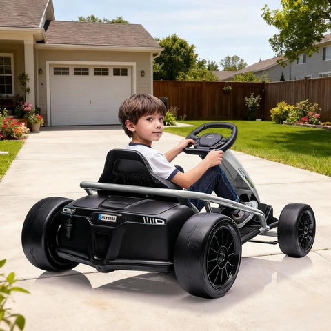 Child driving Ultra Powerful 24V Kids Go Kart With Dual 300W Motors, 9Ah Battery, outdoor ride on vehicle, white color