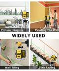 4x360 Degree Laser Level With 16 Green Beams Self Leveling Line Laser For DIYers And Pros Four Plane Alignment Tool in use for picture hanging, painting, tiling, stairs.