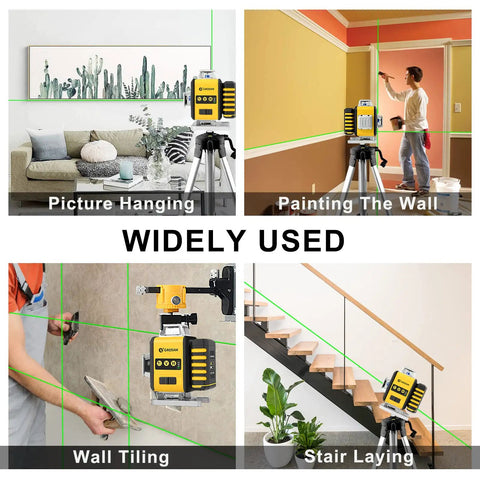 4x360 Degree Laser Level With 16 Green Beams Self Leveling Line Laser For DIYers And Pros Four Plane Alignment Tool in use for picture hanging, painting, tiling, stairs.