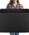 95L Extra Large Blanket Basket For Living Room And Nursery 24 By 16.9 By 14.2 Inch Woven Storage Bin in Black with handles