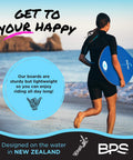 Person carrying Shaka 35 Inch Skim Board with Epoxy Coated Wood Deck and Traction Pad on beach, ideal for tricks, dark blue board
