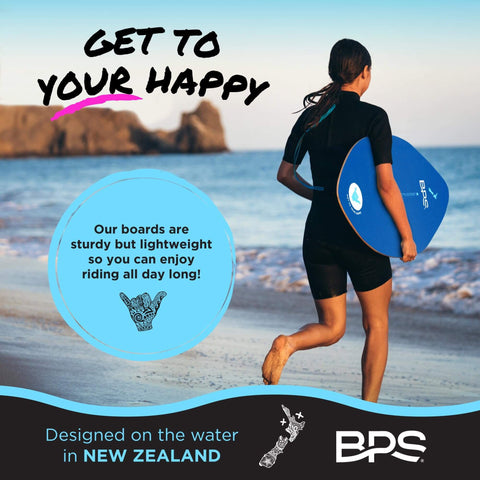 Person carrying Shaka 35 Inch Skim Board with Epoxy Coated Wood Deck and Traction Pad on beach, ideal for tricks, dark blue board