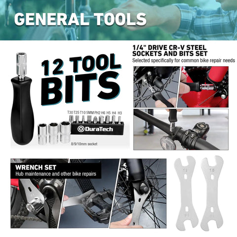 All In One 31 Piece Bicycle Repair Kit With Storage Box For Mountain Road And Park Bikes Includes Chain Riveter Crank Puller Tire Levers Cassette Tools And Essential Repair Tools For DIY Ready Home Workshop showing 12 tool bits, sockets, and wrenches