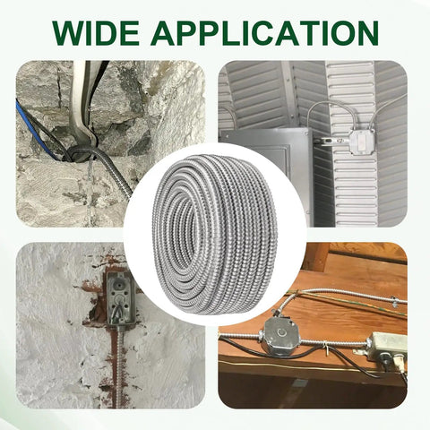 Hella Durable 10 Ft 8/3 MC Cable With Aluminum Armor And Green Insulated Ground, 8 AWG Pure Copper Stranded Conductors, Real THHN THWN 2, 600V 90C Indoor Outdoor Rated UL Listed Electrical Wire in various installation settings.