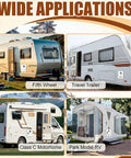 Wide variety of RVs for outdoor use showing Fifth Wheel, Travel Trailer, Class C Motorhome, and Park Model RV.