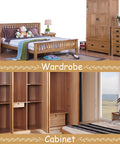 Bedroom furniture set with wooden bed frame, wardrobe, and cabinet; interior view showing bed, drawers, and storage space.