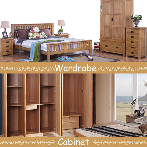 Bedroom furniture set with wooden bed frame, wardrobe, and cabinet; interior view showing bed, drawers, and storage space.