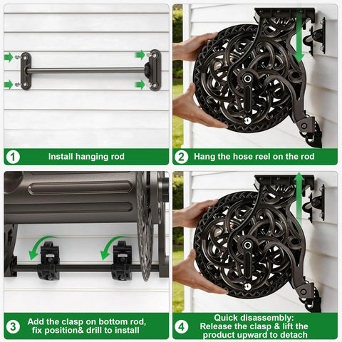 Installation of heavy duty hose reel wall mount with shelf, showing hanging rod, attaching reel, and clasping mechanism in dark bronze.