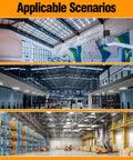 Large indoor spaces lit with 8 Pack 200W LED High Bay Lights 30000 Lumens 6500K UFO High Bay LED Shop Lights AC100277V.