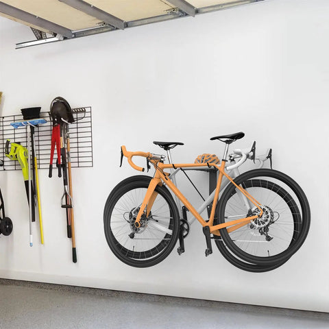 Wall Mounted Double Bike Rack Foldable For Two Bikes Space Saving Indoor Garage Storage Solution With Low Lift Access And Easy Cleaning For Home Garage Use Easy Install Holds Two Bikes Securely Horizontal Mount installed on wall with two bikes hanging.