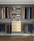 Wall Mounted Closet Organizer With Deep Shelves And Drawers Heavy Duty Laminated Wood Wardrobe System For Sweaters And Coats with chrome hardware.