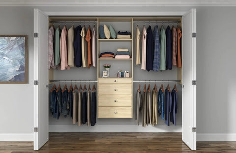 Wall Mounted Closet Organizer With Deep Shelves And Drawers Heavy Duty Laminated Wood Wardrobe System For Sweaters And Coats with chrome hardware.