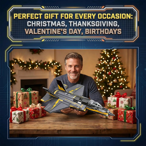 Man holding F-35B Lightning II Fighter Jet Building Blocks Set With 1268 Pieces among holiday gifts and decorations