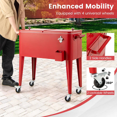 80 Quart Rolling Ice Chest With Wheels For Patio And Poolside Parties Tailgate Ready Outdoor Cooler Cart shown with handles and wheels