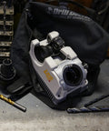 High Speed Portable Drill Bit Sharpener For Standard Twist Bits 3/32 To 3/4 Inch on workspace with drill bits and bag.