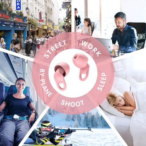 Ultra Soft Reusable Earplugs For Sleep Flights And Noise Sensitivity 16 Tip Set in XS S M L with Two Travel Boxes in use scenarios