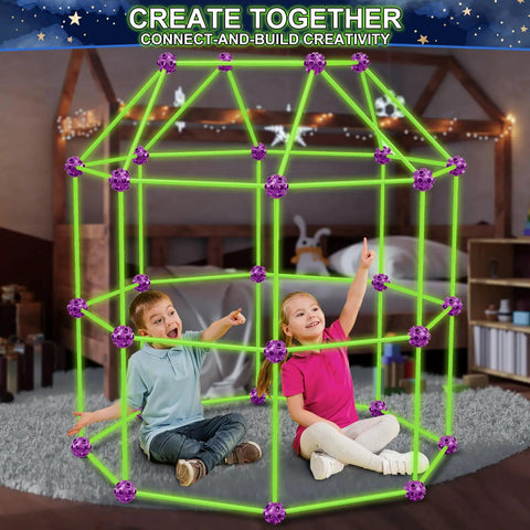 Children playing inside Glow In The Dark Fort Building Kit 140 Piece STEM DIY Castle And Tunnel Build Set For Kids Ages 4 5 6 7 8 Plus Great Christmas And Birthday Gift For Boys And Girls, assembled in a room with bright green rods and purple connectors.