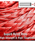 Close-up of thick red nylon rope texture with braided design, diagram inset; labeled 'Superb Nylon Rope High Strength & High Toughness'