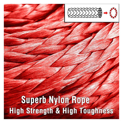 Close-up of thick red nylon rope texture with braided design, diagram inset; labeled 'Superb Nylon Rope High Strength & High Toughness'