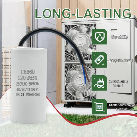 High Performance 120uF Run Capacitor For Single-Phase Motors And Air Conditioner Compressors, 250VAC 50/60Hz shown with AC units