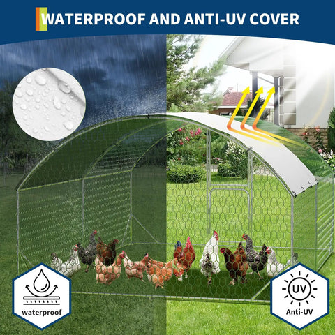 Beefy Large Walk In Chicken Coop With Galvanized Steel Frame All Weather PU Canopy And Round Top Roof Predator Proof Outdoor Hen House For Backyard Farms Fits Ten To Twenty Hens Durable Outdoor Housing under rain and sun