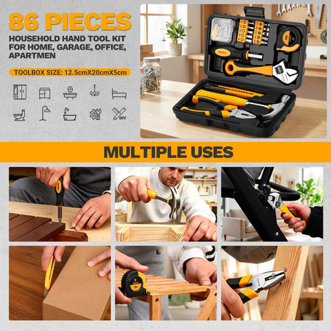 86 Piece Compact Tool Kit With Heavy Duty Storage Box For Home Apartment Dorm Repairs Essential Hand Tools For Weekend Warriors Quick Household Hiccups And Grab And Go Maintenance Setup In Bright Orange