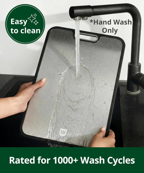 Massive Double Sided Cutting Board With Deep Juice Groove Hella Tough Titanium And Food Grade Plastic Prep Side For Steaks Cheese Produce Kitchen Chopping Tray under running water showing easy cleaning.