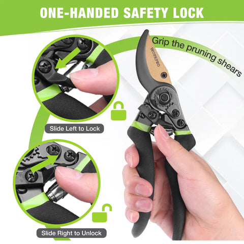 Effortless 8.5 Inch Bypass Pruning Shears With Die Cast Aluminum Handle, Sharp SK5 Blade, one-handed safety lock feature
