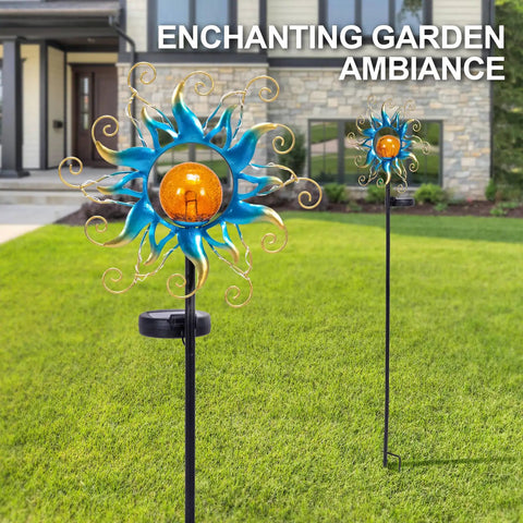 Outdoor Light Stakes for Garden Decor With Blue Metal Sun Crackle Glass Globes Waterproof 30 LED Pathway Lawn Yard Patio Lights Warm Fixed Glow Perfect Gift for Women and Moms in use in a garden setting