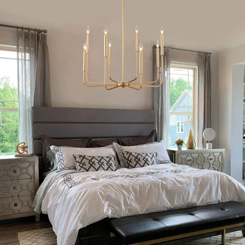 8 Lights Farmhouse Chandelier Gold Rustic Industrial Candle Ceiling Light Fixture in cozy bedroom setting