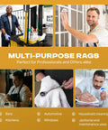 Professionals using white terry cloth cleaning rags for janitorial, automotive, and household tasks