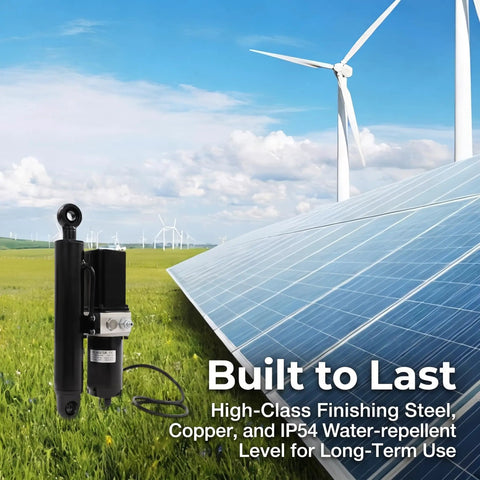 Tough As Nails 12V Hydraulic Linear Actuator Packing A Solid 4409 Lbs Thrust with solar panels and wind turbines in background.