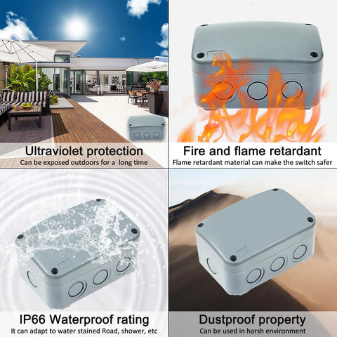 IP66 Waterproof Junction Box for Outdoor Electronics Built Tough ABS Plastic Weather Resistant Dustproof Enclosure 4.9 x 3.3 x 2.3 Inch Ideal For Outdoor Wiring Projects And Weatherproof Installations. IP66 ABS plastic junction box outdoors