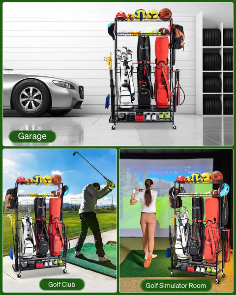 All In One Golf Bag Storage Rack With Wheels, 3 Bag Stand, in garage, outdoors, and simulator room