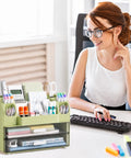 Spacious Desk Organizer With Pencil And Pen Holder 2 Drawers And Side Compartments on office desk beside woman working