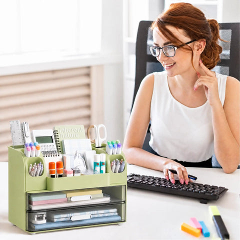 Spacious Desk Organizer With Pencil And Pen Holder 2 Drawers And Side Compartments on office desk beside woman working