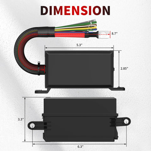 Dimensions of 12V Six Way Relay Box With Prewired Waterproof Panel; shows 5.3 x 2.85 x 3.3 inches, cable length 8.7 inches.