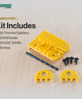 Thin Kerf Table Saw Splitter For Anti Kickback Safety And Clean Hardwood Ripping kit including splitters, drill guide, drill bit, and screws.