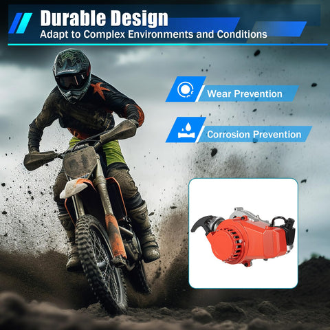 Dirt biker riding with Beefed Up High Performance 49cc 50cc 2 Stroke Dirt Bike Engine Kit With 7000 RPM Single Cylinder Pull Rope Motor inset